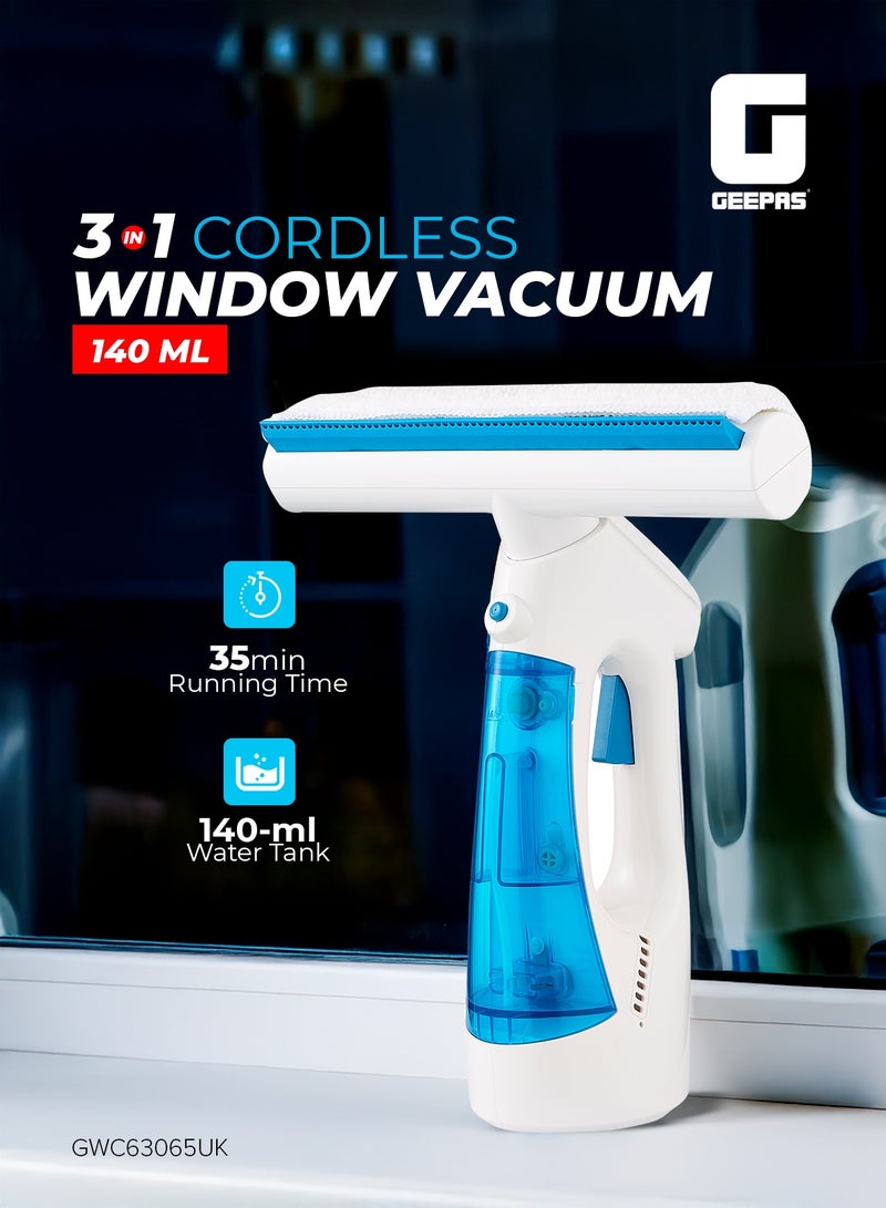 Geepas Cordless Window Vacuum140 ml Water Tank | 3-in-1 Operation, Lightweight and Portable| Perfect for Glass Doors, Tiles Shower Screens Car Windows| 2 Years Warranty Blue and White GWC63065UK - Image 1