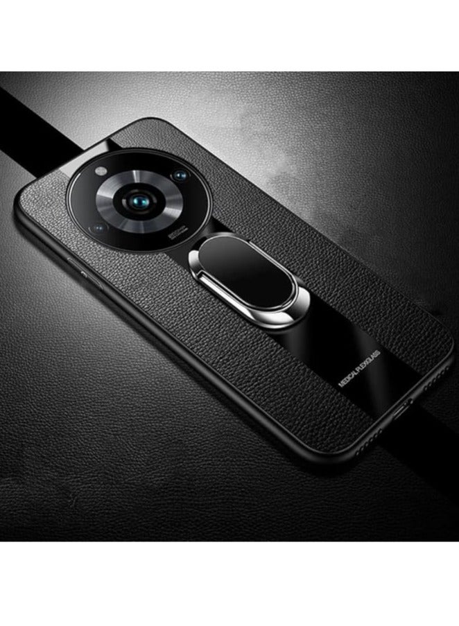 Realme 11/11 Pro/11 Pro Plus Case with Built-in Metal Plate on Back Stand - Support Magnetic Car Mount - Metal Kickstand - Safe to Hold with Ring - Leather Phone Cove - Image 2