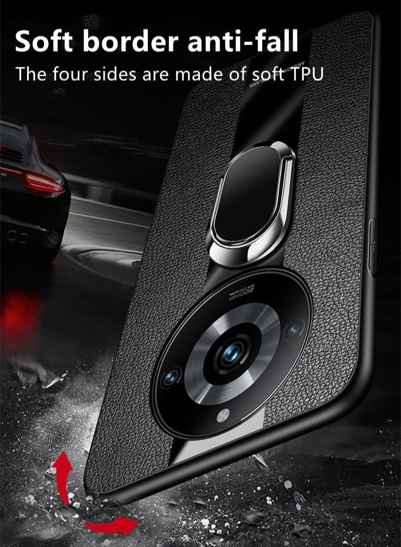 Realme 11/11 Pro/11 Pro Plus Case with Built-in Metal Plate on Back Stand - Support Magnetic Car Mount - Metal Kickstand - Safe to Hold with Ring - Leather Phone Cove - Image 4