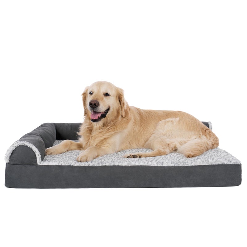 Furhaven Orthopedic Dog Bed for Large Dogs w Removable Bolsters Washable Cover For Dogs Up to 95 lbs TwoTone Plush Faux Fur Suede L Shaped Chaise Stone Gray JumboXL - Image 2