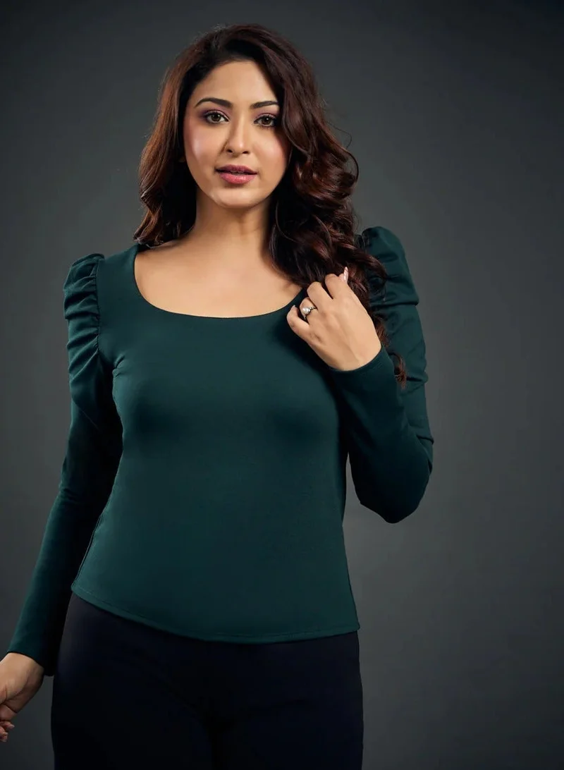 Zigzag Long Puff Sleeve Green Ponte Top