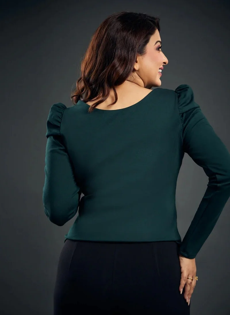 Zigzag Long Puff Sleeve Green Ponte Top