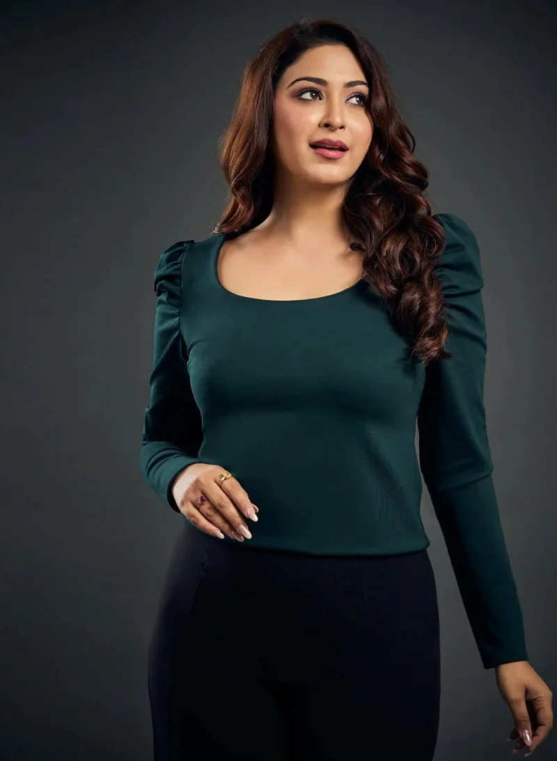 Zigzag Long Puff Sleeve Green Ponte Top