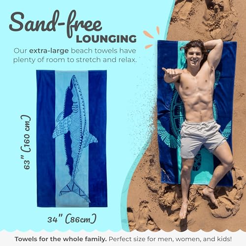 Nova Blue Shark Beach Towel – Blue with A Tropical Design, Extra Large, XL (34”x 63”) Cool Hawaiian, Navy Beach Towel with Light Blue Stripe, Made from 100% Cotton - Image 3