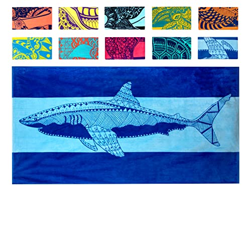 Nova Blue Shark Beach Towel – Blue with A Tropical Design, Extra Large, XL (34”x 63”) Cool Hawaiian, Navy Beach Towel with Light Blue Stripe, Made from 100% Cotton - Image 1