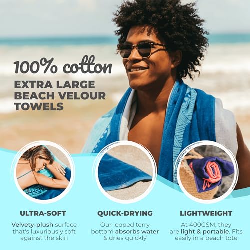 Nova Blue Shark Beach Towel – Blue with A Tropical Design, Extra Large, XL (34”x 63”) Cool Hawaiian, Navy Beach Towel with Light Blue Stripe, Made from 100% Cotton - Image 2