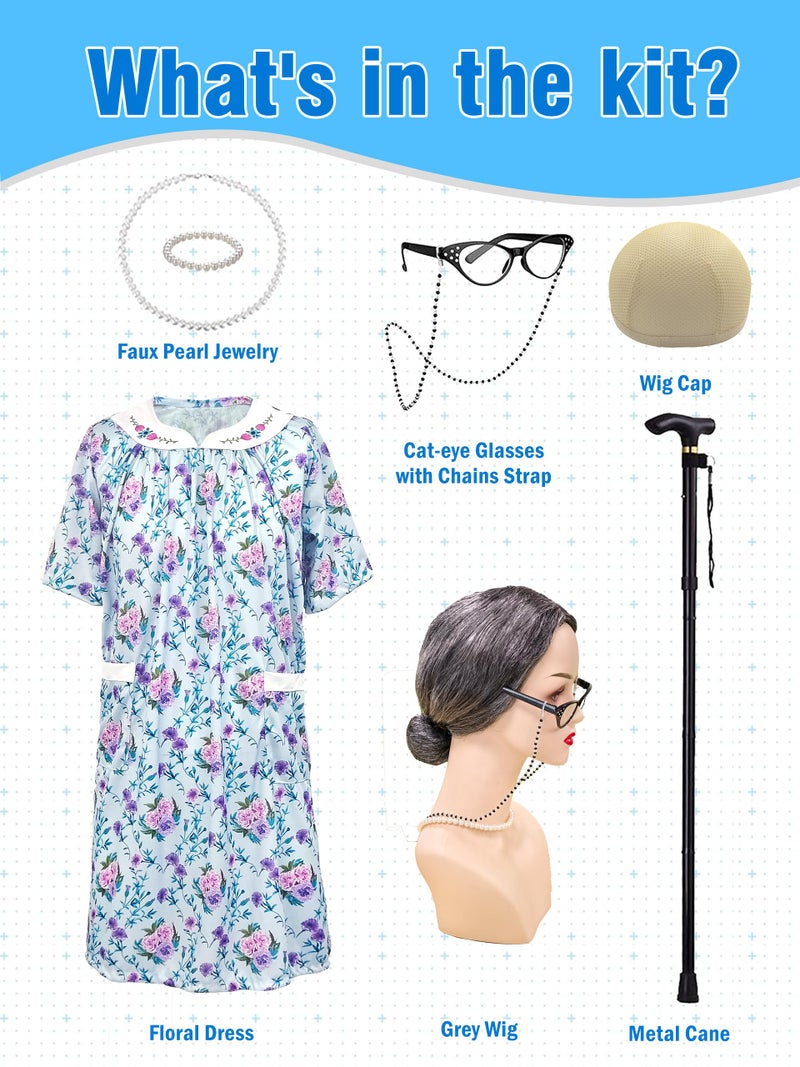 Cupohus Women's Old Lady Wig Costume Set, 100 Days of School Adult Granny Dress Cosplay, 8PCS Set- Grandma Wig and Cap, Retro Glasses with Chain, Faux Pearl Jewelry, Cane, Blue Floral Dress Outfit - Image 3