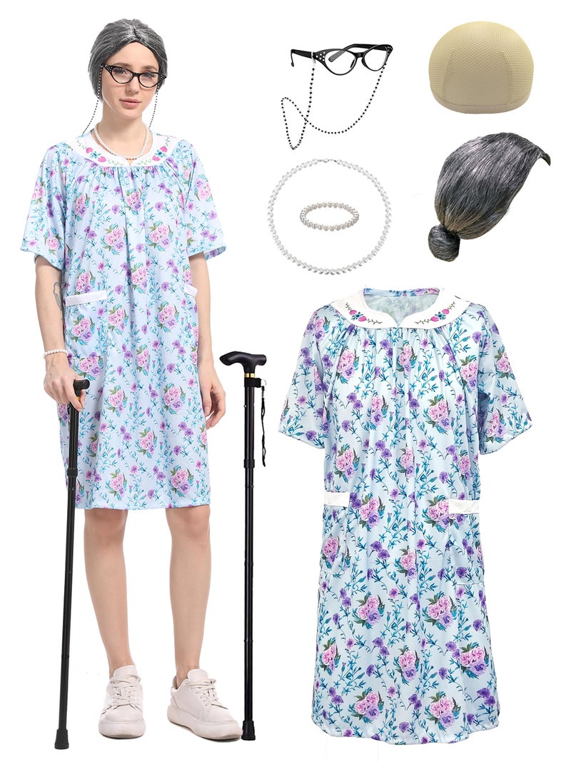 Cupohus Women's Old Lady Wig Costume Set, 100 Days of School Adult Granny Dress Cosplay, 8PCS Set- Grandma Wig and Cap, Retro Glasses with Chain, Faux Pearl Jewelry, Cane, Blue Floral Dress Outfit - Image 1