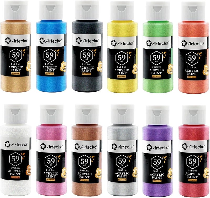 Artecho Acrylic Paint Set of 12 Metallic Colors, 59ml 2oz Art Paint for Canvas Painting, Craft paint Supplies for Rock, Wood, Fabric, Rich Pigments for Professional Artists, Adults, Students, Kids - Image 1
