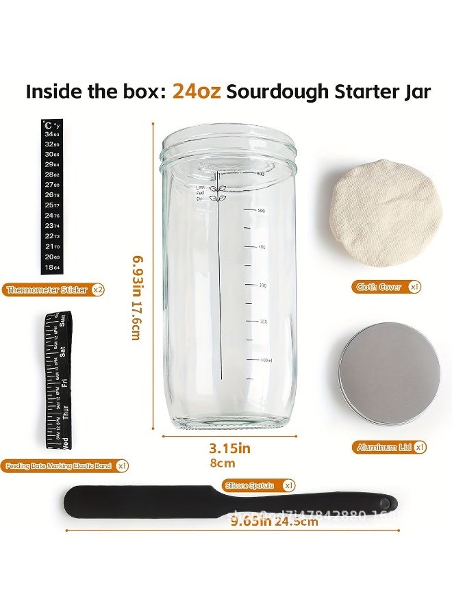 فورتي طقم لتحضير العجين المخمر، برطمان زجاجي للعجين المخمر مع شريط تغذية مُعلّق عليه التاريخ، ميزان حرارة، ملعقة مسطحة، غطاء قماشي وغطاء معدني - لوازم خبز العجين المخمر - Image 5
