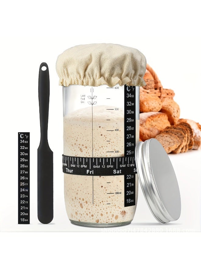 فورتي طقم لتحضير العجين المخمر، برطمان زجاجي للعجين المخمر مع شريط تغذية مُعلّق عليه التاريخ، ميزان حرارة، ملعقة مسطحة، غطاء قماشي وغطاء معدني - لوازم خبز العجين المخمر - Image 1