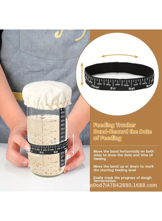 فورتي طقم لتحضير العجين المخمر، برطمان زجاجي للعجين المخمر مع شريط تغذية مُعلّق عليه التاريخ، ميزان حرارة، ملعقة مسطحة، غطاء قماشي وغطاء معدني - لوازم خبز العجين المخمر - Image 2