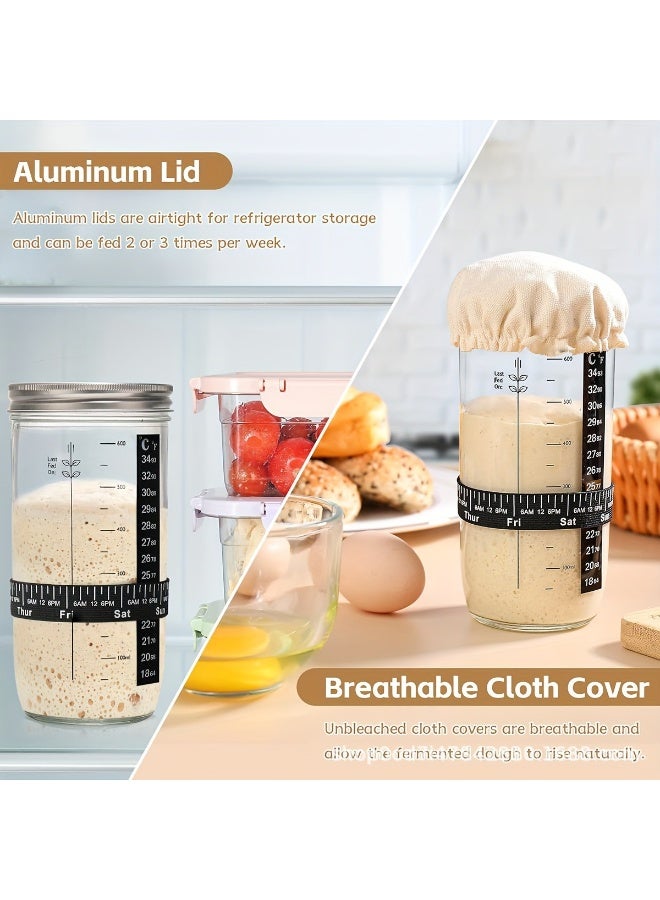 فورتي طقم لتحضير العجين المخمر، برطمان زجاجي للعجين المخمر مع شريط تغذية مُعلّق عليه التاريخ، ميزان حرارة، ملعقة مسطحة، غطاء قماشي وغطاء معدني - لوازم خبز العجين المخمر - Image 4