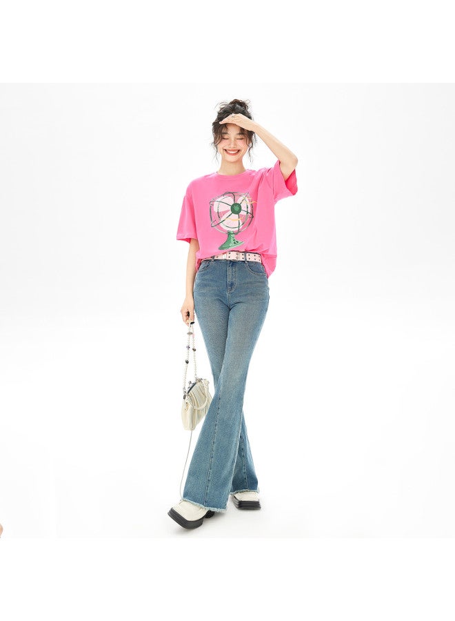 EPTISON Women's Short Sleeve T-shirt - Summer Cotton Loose Fit Youthful Fun Fan Print Round Neck Tee - Image 3