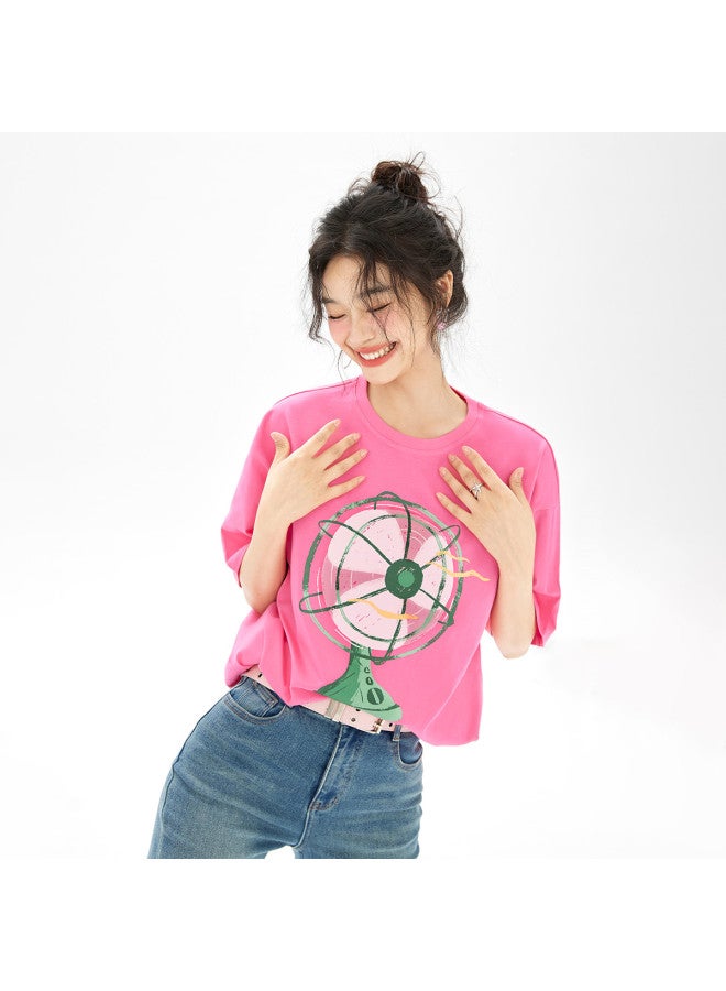 EPTISON Women's Short Sleeve T-shirt - Summer Cotton Loose Fit Youthful Fun Fan Print Round Neck Tee - Image 2
