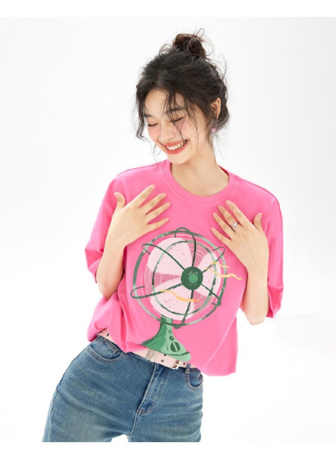 EPTISON Women's Short Sleeve T-shirt - Summer Cotton Loose Fit Youthful Fun Fan Print Round Neck Tee - Image 1