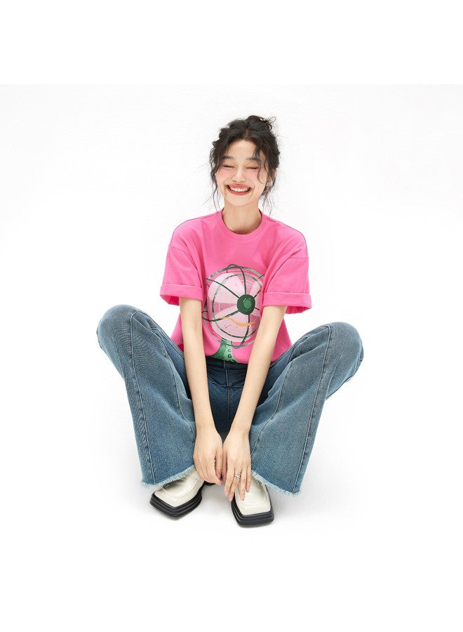 EPTISON Women's Short Sleeve T-shirt - Summer Cotton Loose Fit Youthful Fun Fan Print Round Neck Tee - Image 5