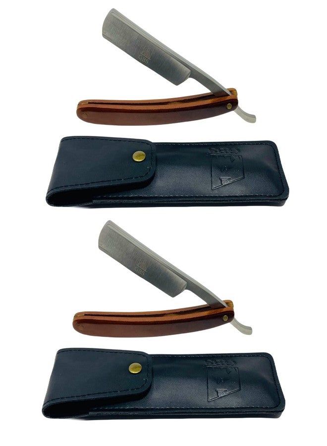 G.B.S Men's Wooden Handle Shaving Straight Razor, Single Edge Stainless-steel Blade Folding Handle, Hard Wood Grain, Leather Protective Razor Case (Pack of 2) - Image 1