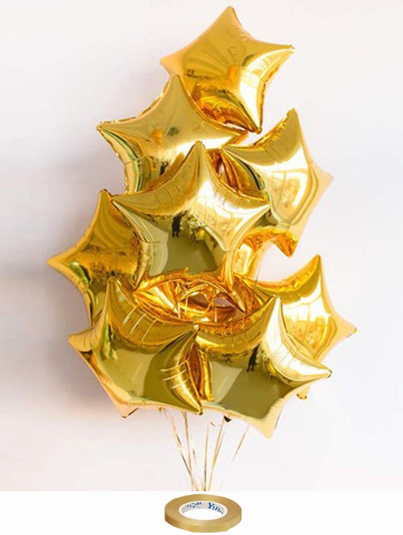 AMFIN® (Pack of 10) 18 Inch Golden Star Shaped foil Balloon With Ribbon/Star shape balloons for decoration birthday balloons for decoration - Golden - Image 1