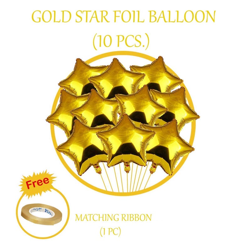 AMFIN® (Pack of 10) 18 Inch Golden Star Shaped foil Balloon With Ribbon/Star shape balloons for decoration birthday balloons for decoration - Golden - Image 2