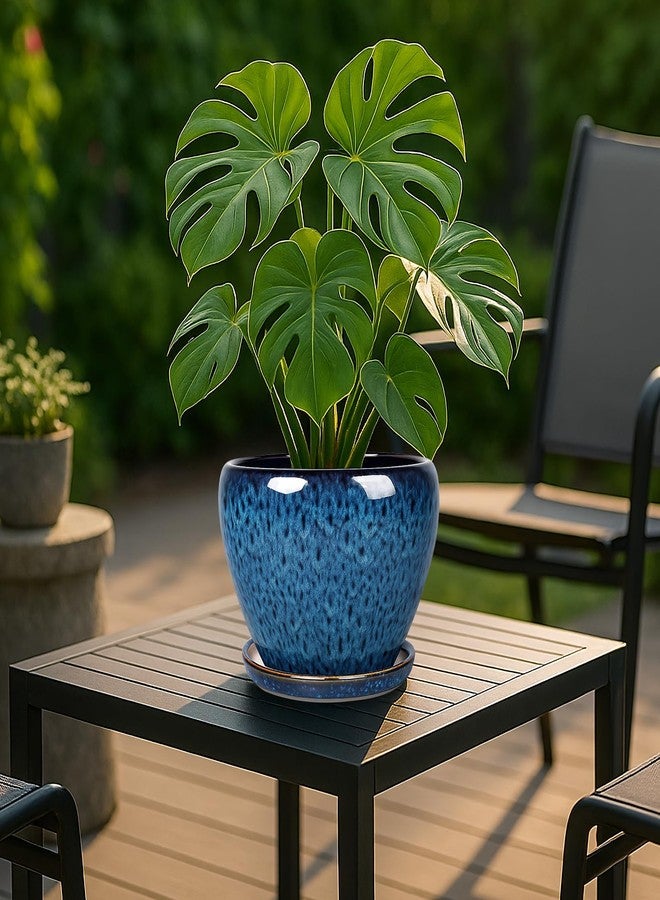 DEEPDREAM Deep Dream 8 Inch Ceramic Planter Pot, Plant Pot for Indoor Outdoor House Plants and Garden, Modern Flower Pot with Drainage Holes & Trays, Blue - Image 3