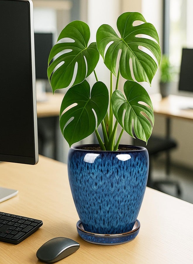 DEEPDREAM Deep Dream 8 Inch Ceramic Planter Pot, Plant Pot for Indoor Outdoor House Plants and Garden, Modern Flower Pot with Drainage Holes & Trays, Blue - Image 4