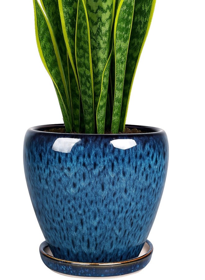 DEEPDREAM Deep Dream 8 Inch Ceramic Planter Pot, Plant Pot for Indoor Outdoor House Plants and Garden, Modern Flower Pot with Drainage Holes & Trays, Blue - Image 1