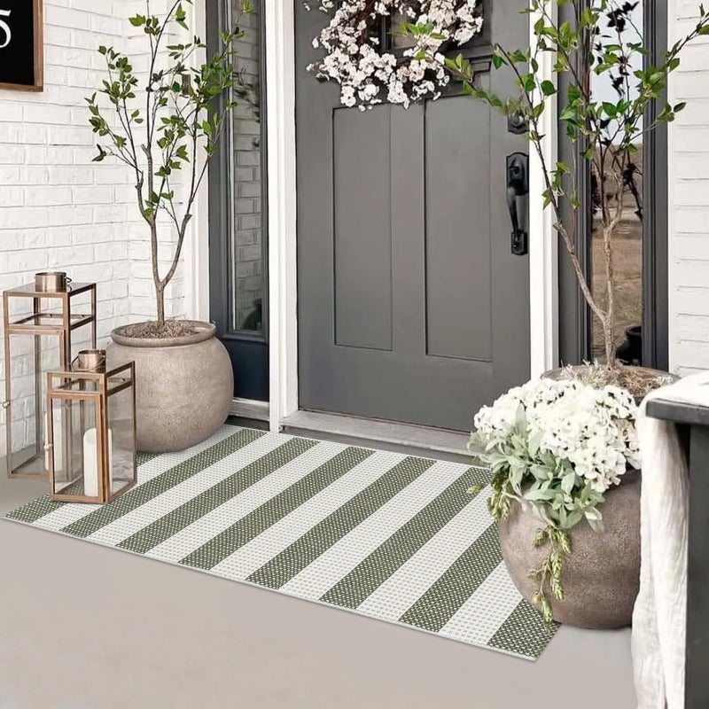 Sungea Boho Striped Fall Front Door Mat Outside Entrance 2x4.3,Green and White Washable Porch Rug Runner,Cotton Hand Woven Indoor Outdoor Rugs,Foldable Farmhouse Layered Door Mats for Entryway - Image 1