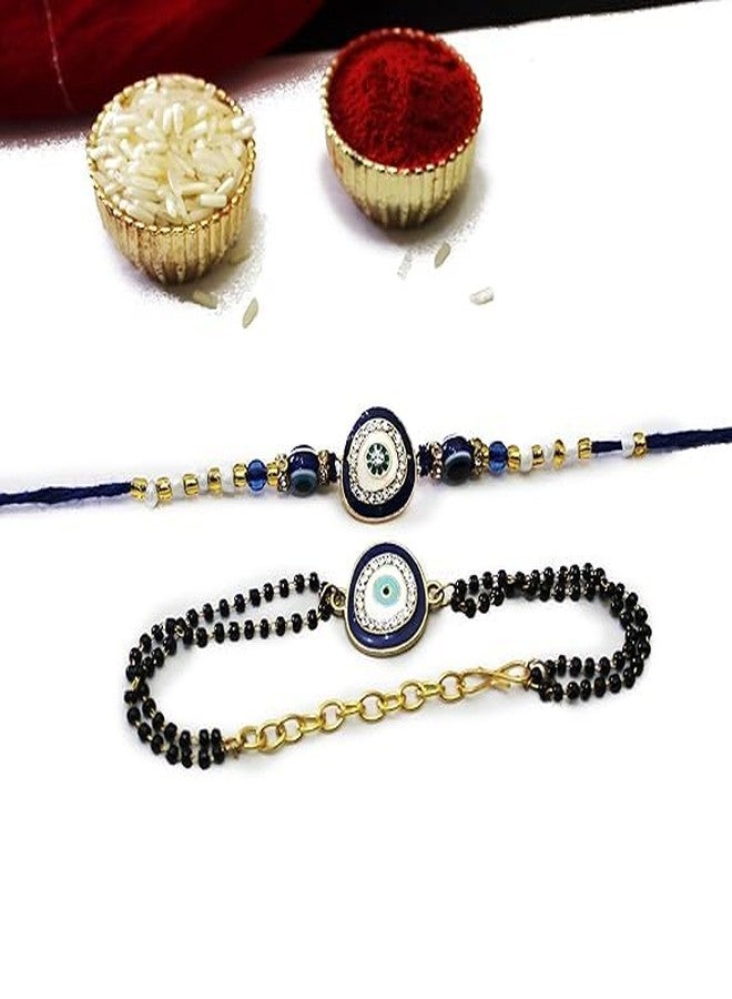 ANISHOP evil eye Bhaiya Bhabhi Rakhis Set with Roli Chawal Pack and Greeting Card - Rakhi for Brother, Bhaiya, Bhai - Lumba Rakhi for Bhabhi, Sister (blue)