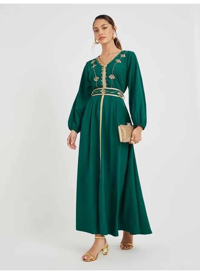 أميرة Amirah Embellished Balloon Sleeve V Neck Belted Kaftan