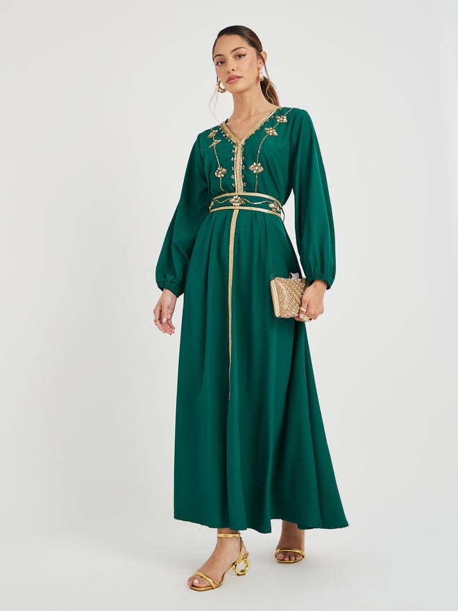 Styli Amirah Embellished Balloon Sleeve V Neck Belted Kaftan  - Image 1