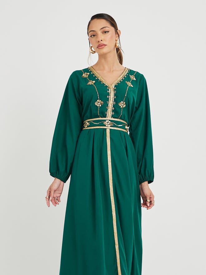 Styli Amirah Embellished Balloon Sleeve V Neck Belted Kaftan  - Image 2