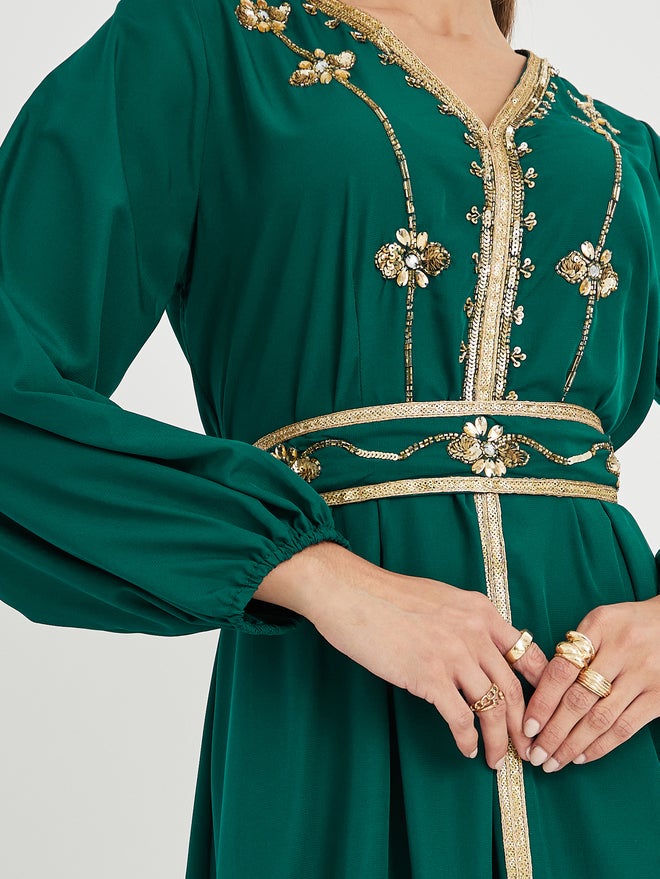 Styli Amirah Embellished Balloon Sleeve V Neck Belted Kaftan  - Image 3