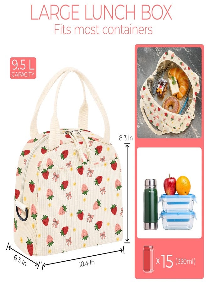 WOBAGMEN Lunch Box for Women,Lunch Bag Cute Corduroy Insulated Lunch Box With Shoulder Strap for Adult Womens for Work Picnic (stawberry bow) - Image 2
