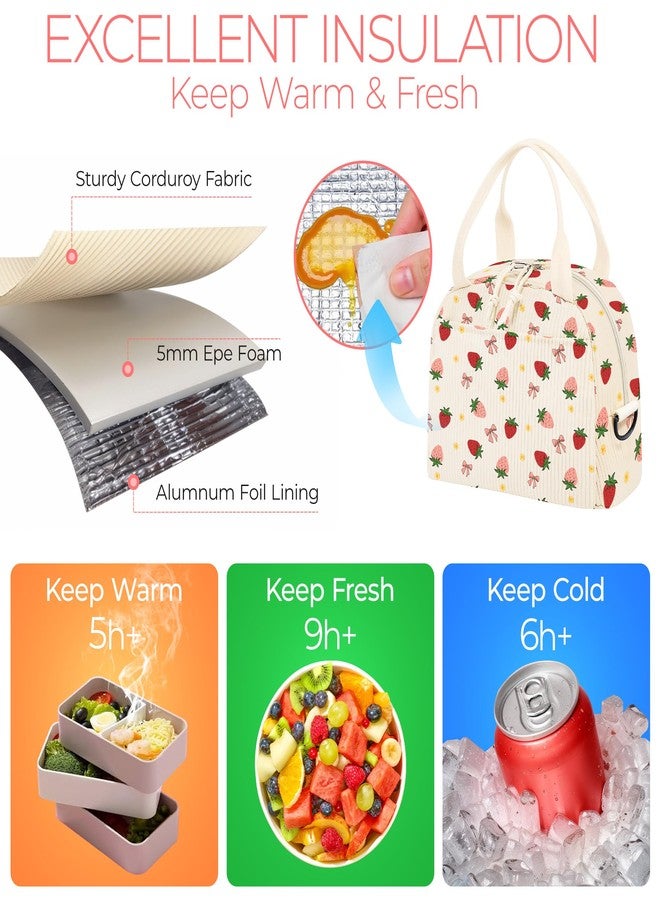 WOBAGMEN Lunch Box for Women,Lunch Bag Cute Corduroy Insulated Lunch Box With Shoulder Strap for Adult Womens for Work Picnic (stawberry bow) - Image 3