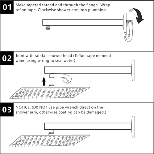 Voolan 20“ Square Shower Arm with Flange and Teflon Tape, Extension Shower Head Arm for Bathroom Fixed Shower Head, Solid Stainless Steel, Wall Mounted (Black) - Image 5