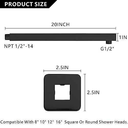Voolan 20“ Square Shower Arm with Flange and Teflon Tape, Extension Shower Head Arm for Bathroom Fixed Shower Head, Solid Stainless Steel, Wall Mounted (Black) - Image 3