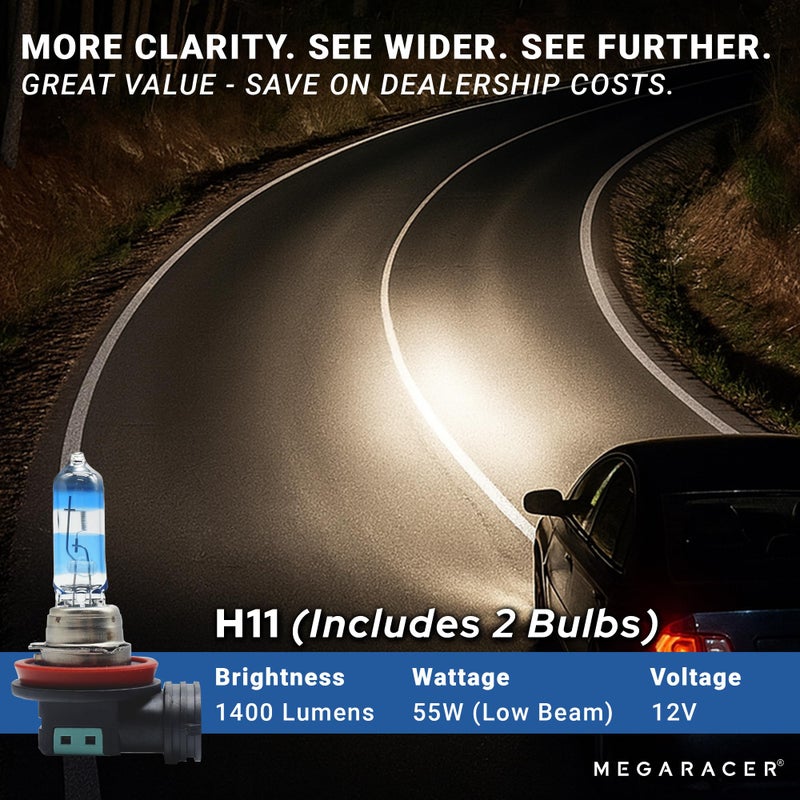 Mega Racer Premium OEM H11 Halogen Headlight Bulb (Low Beam) - Street-Legal & DOT Compliant for On-Road Use, Automotive Head Light Replacement for Car, 12V 55W, Plug & Play, Pack of 2 - Made in Korea - Image 3