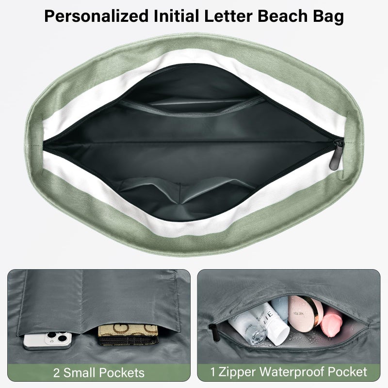 Becokan Beach Bag Initial Beach Tote with Makeup Bag for Travel, Work, Storage Personalized Birthday Gifts for Women Her (Plain, Light Green) - Image 5