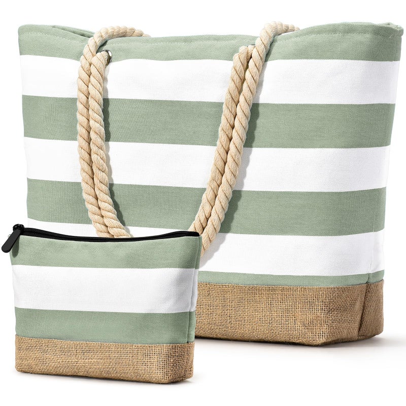 Becokan Beach Bag Initial Beach Tote with Makeup Bag for Travel, Work, Storage Personalized Birthday Gifts for Women Her (Plain, Light Green) - Image 1
