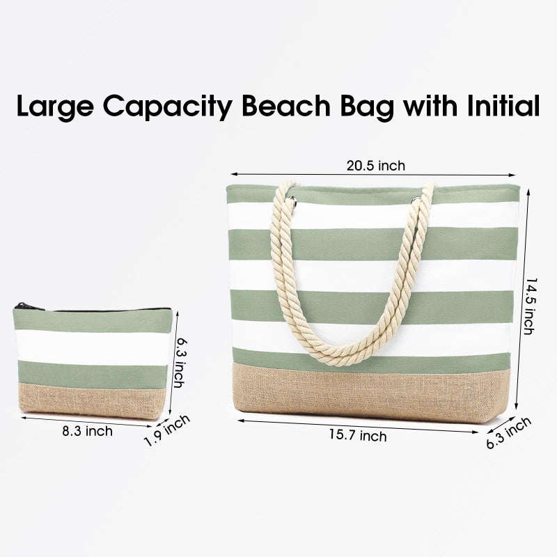 Becokan Beach Bag Initial Beach Tote with Makeup Bag for Travel, Work, Storage Personalized Birthday Gifts for Women Her (Plain, Light Green) - Image 4