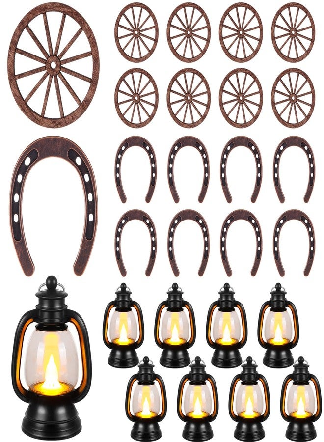Yuntau 24 Pcs Western Themed Party Decorations Cowboy Table Centerpieces Lucky Horseshoe Mini Lantern Wooden Wagon Wheel Decor for Crafts Western Cowboy Party Birthday Wedding Favors Supplies - Image 1