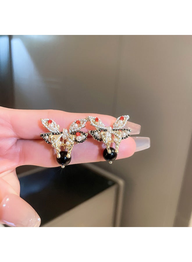 Real Gold Electroplated Silver Needle Zircon Double Ring Pearl Oval Earrings Fashion Retro Light Luxury Elegant Earrings New Earrings