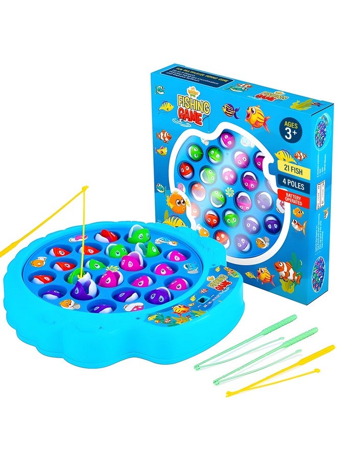 IPIDIPI TOYS لعبة صيد الأسماك للأطفال من IPIDIPI، مجموعة صيد الأسماك للأطفال الصغار - لوحة أسماك دوارة مع موسيقى، نشاط تعليمي لتطوير المهارات الحركية الدقيقة للأولاد والبنات - أزرق، 21 سمكة، 4 قضبان - Image 1