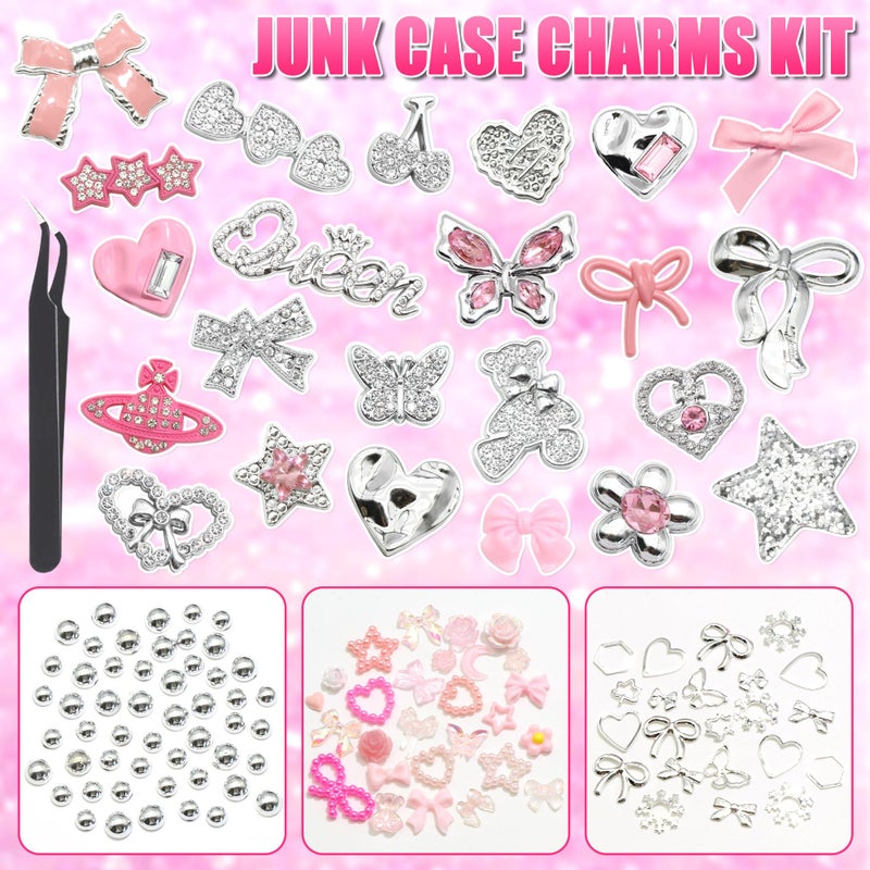 BELICEY Junk Case Charms Pink Kawaii Bow Phone Cases Kit Silver Butterfly Charm for Junk 3D Heart Star Flower Phones Case Charms for Crafts Flatback Pearls Rhinestone DIY Accessories - Image 2