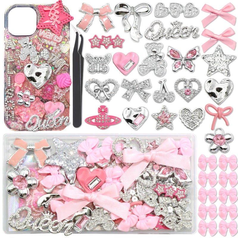 BELICEY Junk Case Charms Pink Kawaii Bow Phone Cases Kit Silver Butterfly Charm for Junk 3D Heart Star Flower Phones Case Charms for Crafts Flatback Pearls Rhinestone DIY Accessories - Image 1