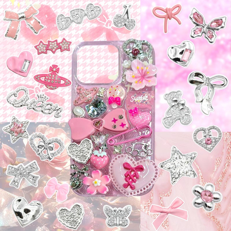 BELICEY Junk Case Charms Pink Kawaii Bow Phone Cases Kit Silver Butterfly Charm for Junk 3D Heart Star Flower Phones Case Charms for Crafts Flatback Pearls Rhinestone DIY Accessories - Image 4