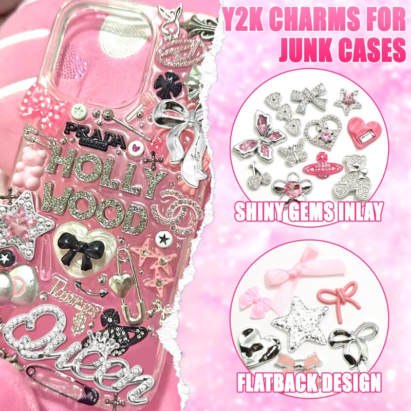 BELICEY Junk Case Charms Pink Kawaii Bow Phone Cases Kit Silver Butterfly Charm for Junk 3D Heart Star Flower Phones Case Charms for Crafts Flatback Pearls Rhinestone DIY Accessories - Image 3