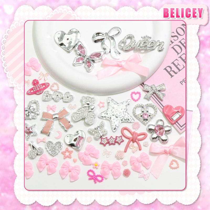 BELICEY Junk Case Charms Pink Kawaii Bow Phone Cases Kit Silver Butterfly Charm for Junk 3D Heart Star Flower Phones Case Charms for Crafts Flatback Pearls Rhinestone DIY Accessories - Image 5