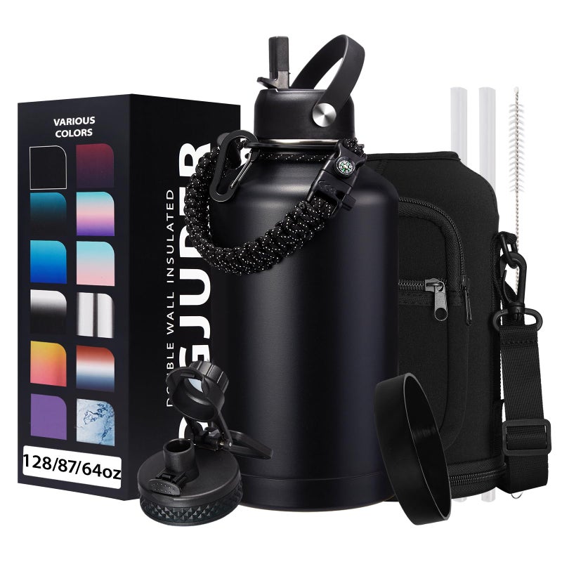 DIGJUPER Insulated Water Bottle 64oz  wParacord Handle Straw  Spout Lids Carrier Bag Half Gallon Sport Stainless Steel Water Flask Jug Thermo Mug Doublewall Vacuum Water Bottle